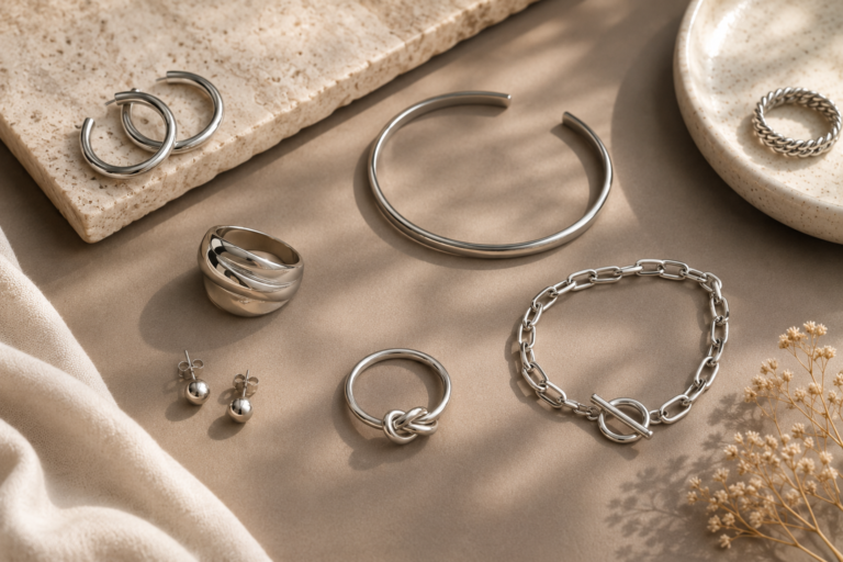 Composição elegante de joias prateadas femininas sobre fundo taupe sofisticado, com anéis, brincos, pulseira e bracelete iluminados por luz natural suave.