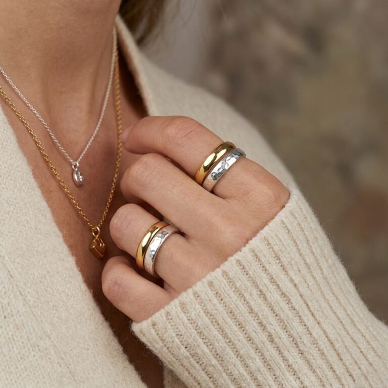 Close-up das mãos e do colo de uma mulher vestindo um casaco de tricô off-white. Ela usa dois colares finos sobrepostos, um prateado mais curto com pingente oval e um dourado mais longo com pingente geométrico. Nos dedos indicador e anelar, ela exibe duas combinações de anéis duplos, compostas por uma aliança lisa dourada e um anel prateado com textura martelada em cada dedo.