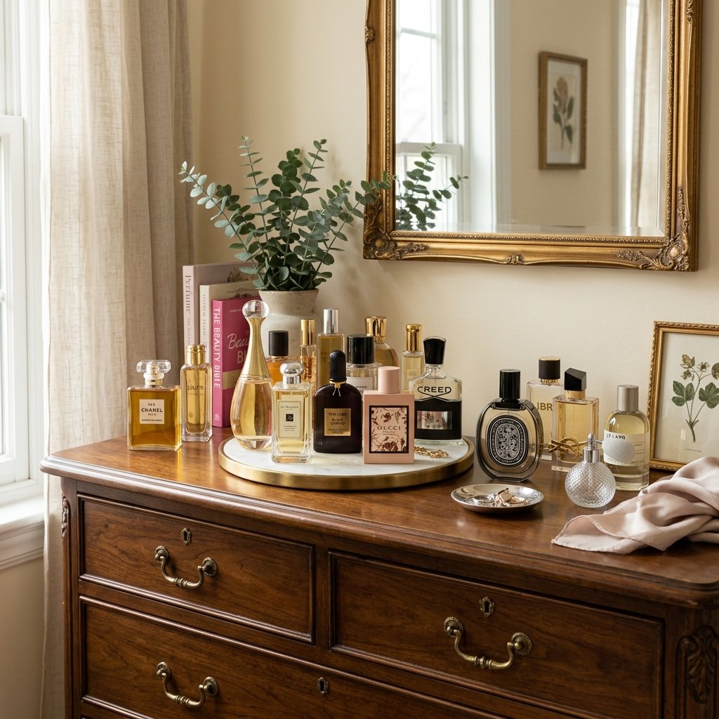 Uma coleção de perfumes de luxo disposta sobre uma cômoda de madeira clássica. Vários frascos estão organizados em uma bandeja redonda de mármore com borda dourada, ao lado de um espelho de moldura dourada, livros de beleza, um vaso com galhos de eucalipto e pequenos acessórios decorativos.