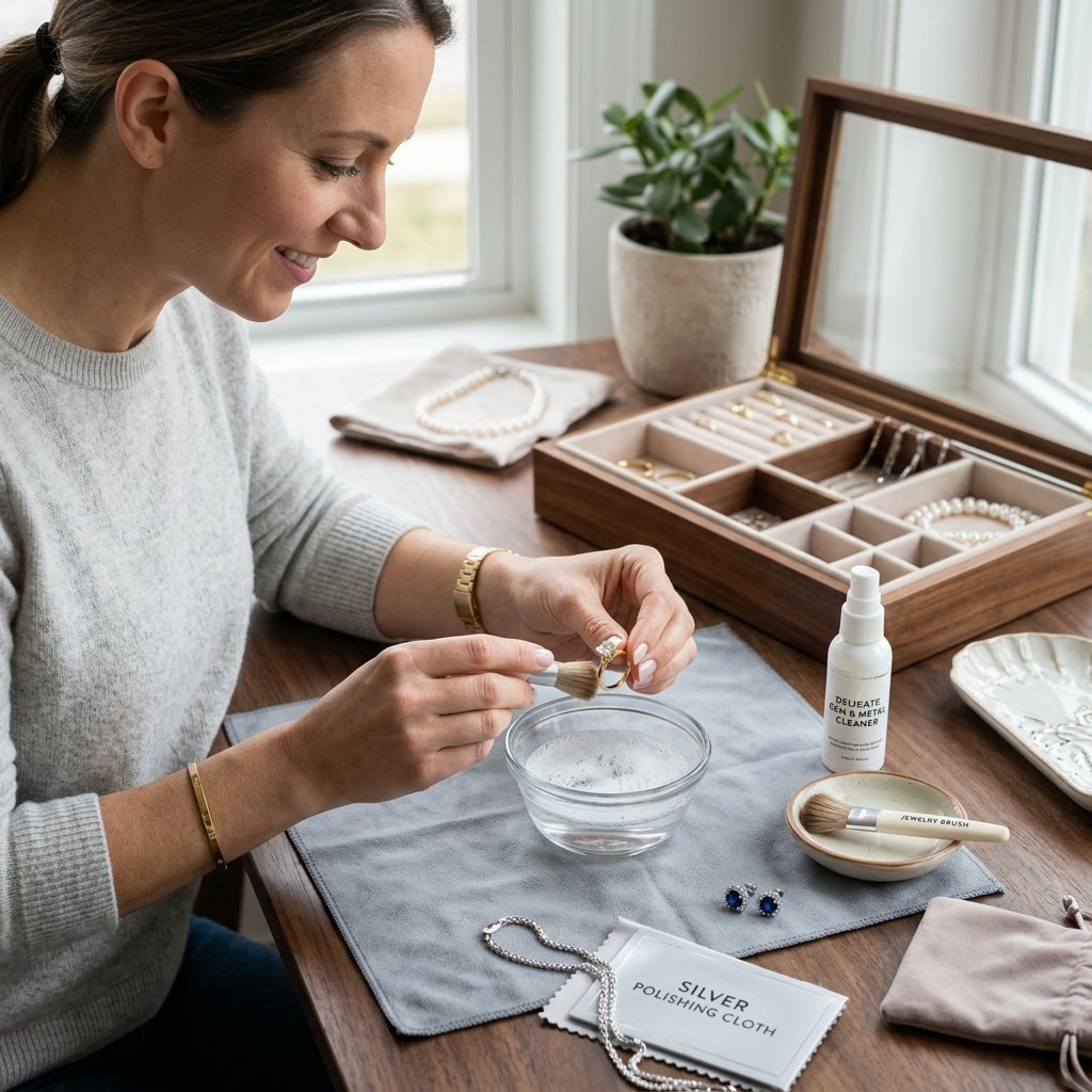 Uma mulher sorridente e de perfil, vestindo um suéter cinza, limpa cuidadosamente um anel dourado com uma pequena escova sobre uma mesa de madeira. À sua frente, há uma tigela de vidro com água e sabão, um spray de limpeza, panos especiais e um porta-joias de madeira aberto exibindo colares, anéis e pulseiras de pérolas em divisórias aveludadas.