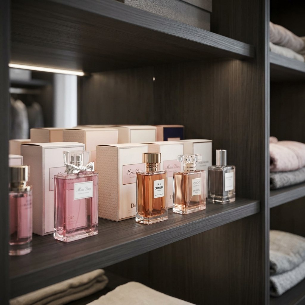 Vários frascos de perfumes femininos de luxo com suas respectivas caixas organizados em uma prateleira de madeira escura dentro de um closet planejado e iluminado. Os frascos incluem fragrâncias em tons de rosa e âmbar, dispostos de forma alinhada ao lado de nichos com roupas dobradas.