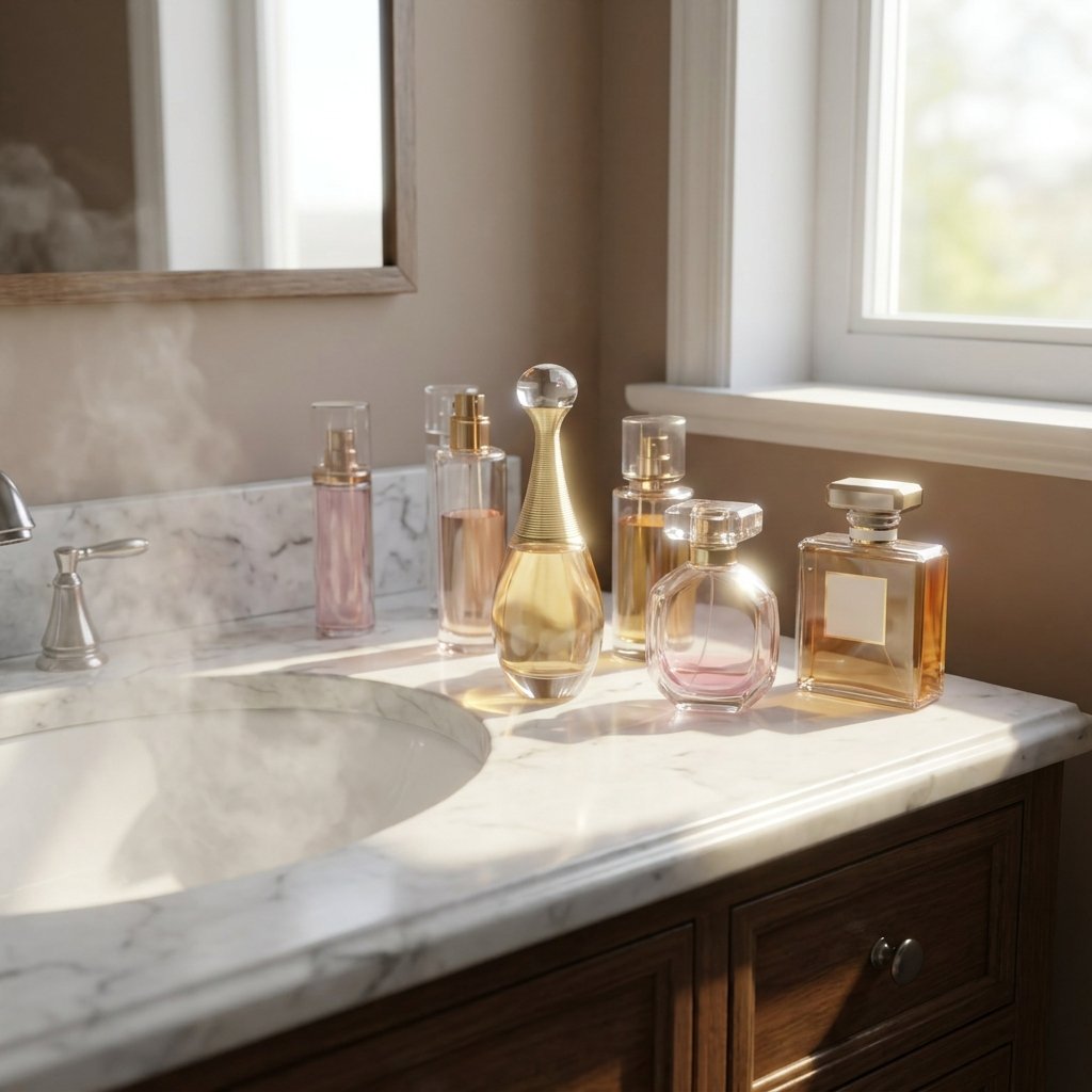 Vários frascos de perfumes femininos de grife alinhados sobre uma bancada de mármore branco em um banheiro iluminado pela luz do sol. Ao lado esquerdo, uma cuba de pia solta um vapor quente de água. Os frascos exibem líquidos dourados e rosados, posicionados em frente a uma janela e abaixo de um espelho com moldura de madeira.