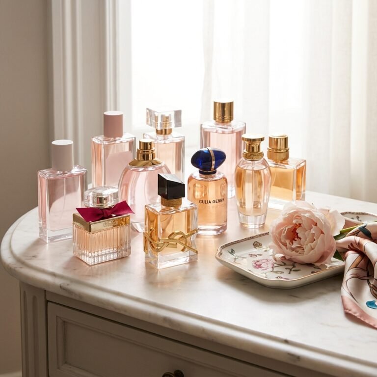 Uma coleção de frascos de perfumes femininos de luxo disposta sobre uma penteadeira de mármore branco em frente a uma janela com cortina clara. Os frascos variam entre formatos quadrados, ovais e cilíndricos, exibindo líquidos em tons de rosa, âmbar e dourado. Ao lado direito, um prato de cerâmica decorado apoia uma grande flor peônia rosa e um lenço de seda estampado.
