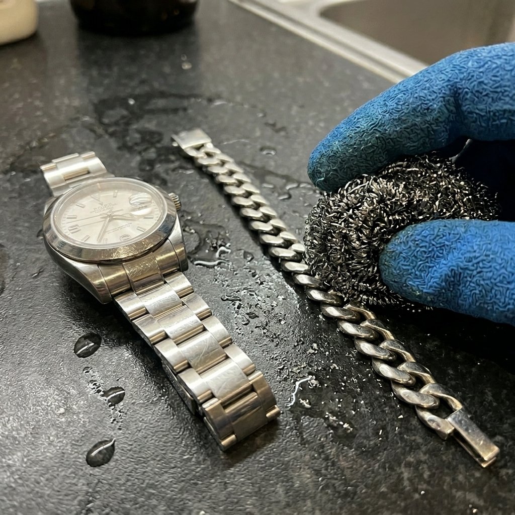 Um relógio de pulso prateado e uma pulseira de elos grossos de aço sobre uma bancada escura e molhada, com uma mão usando luva azul segurando uma esponja de aço áspera bem próxima à pulseira, ilustrando um erro grave de limpeza.
