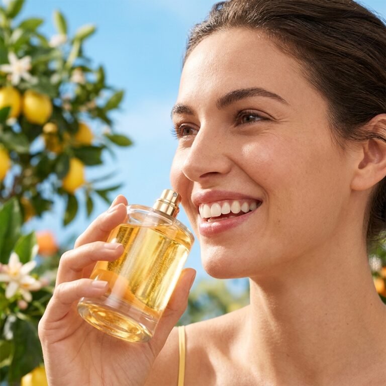Uma mulher sorridente com cabelos escuros presos, olhando para cima com expressão alegre enquanto segura um frasco cilíndrico de perfume de vidro transparente com líquido dourado próximo ao rosto. O fundo exibe um limoeiro com limões amarelos maduros e flores brancas sob um céu azul ensolarado.