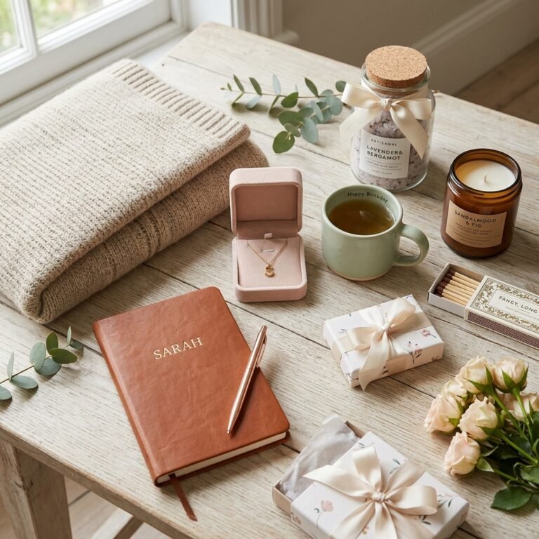 Uma coleção de ideias de presentes femininos de aniversário organizados sobre uma mesa de madeira clara perto de uma janela. O arranjo inclui uma agenda de couro marrom personalizada com o nome "SARAH" em letras douradas ao lado de uma caneta esmeralda ou ouro rosé, uma caixinha de joias rosa aberta exibindo um colar com pingente da letra "S", uma caneca verde-clara com a inscrição "Happy Birthday" cheia de chá, um pote de sais de banho de lavanda e bergamota, uma vela aromática de sândalo e figo, fósforos longos, duas caixas de presente embrulhadas com fita de cetim, uma manta de tricô bege dobrada e um pequeno buquê de mini rosas claras.