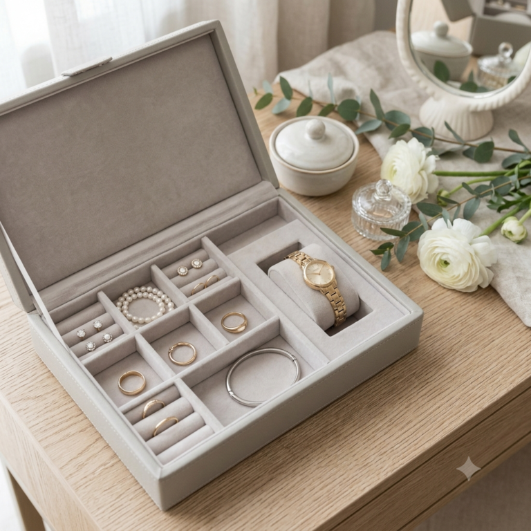 Porta-joias retangular de veludo cinza-claro aberto sobre uma mesa de madeira, organizado com compartimentos que contêm um relógio dourado, anéis, brincos de pérola, uma pulseira e um bracelete. Ao lado, há um espelho de mesa, flores brancas e raminhos de eucalipto.