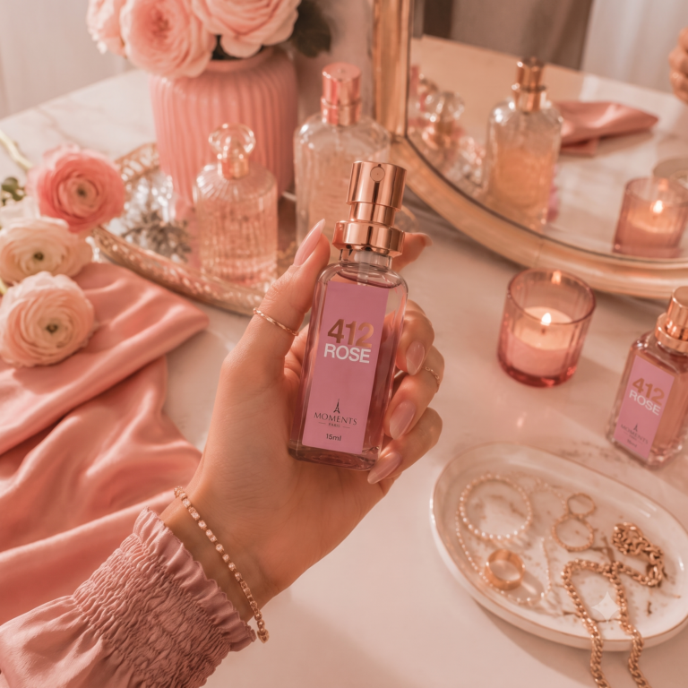 Frasco de perfume elegante sobre uma pele iluminada e hidratada, com névoa suave de fragrância e atmosfera delicada de autocuidado.