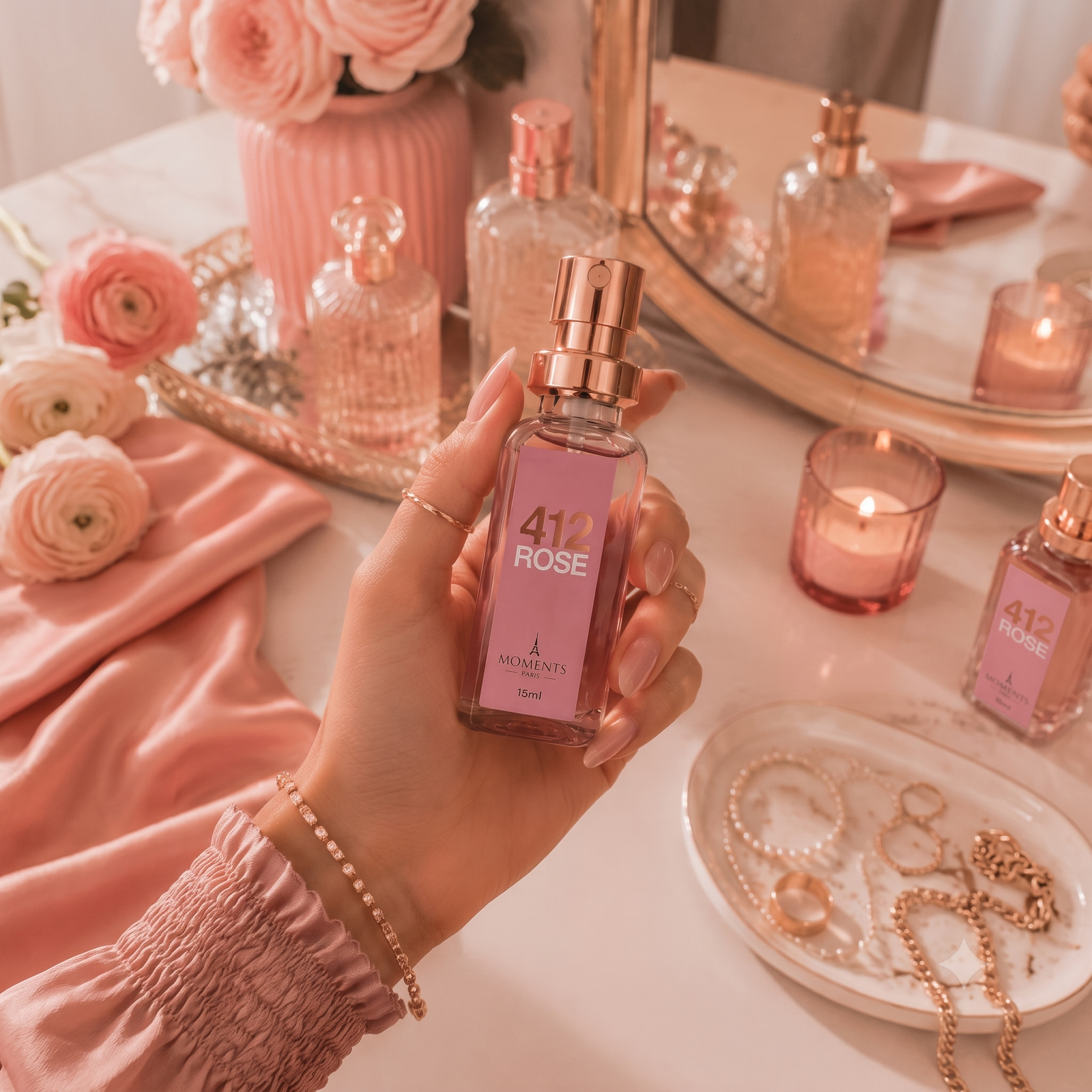 Frasco de perfume elegante sobre uma pele iluminada e hidratada, com névoa suave de fragrância e atmosfera delicada de autocuidado.
