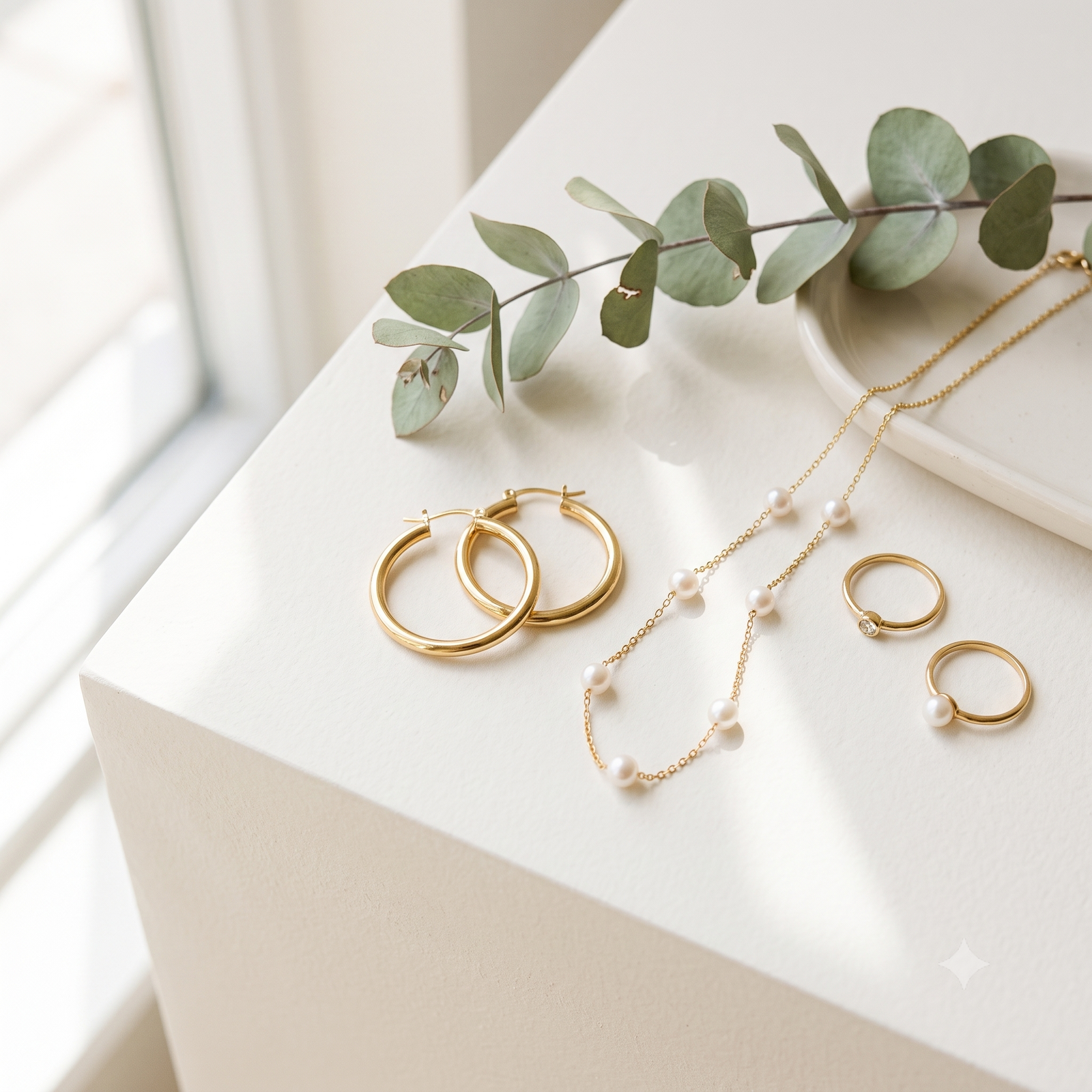 Uma coleção de semijoias minimalistas douradas dispostas elegantemente sobre uma superfície branca e lisa, iluminada por luz natural. Inclui um par de brincos de argola dourados, um colar de corrente fina com pérolas delicadas intercaladas, um anel com um pequeno ponto de luz e outro anel com uma pérola na ponta, acompanhados por um ramo de eucalipto verde ao fundo.