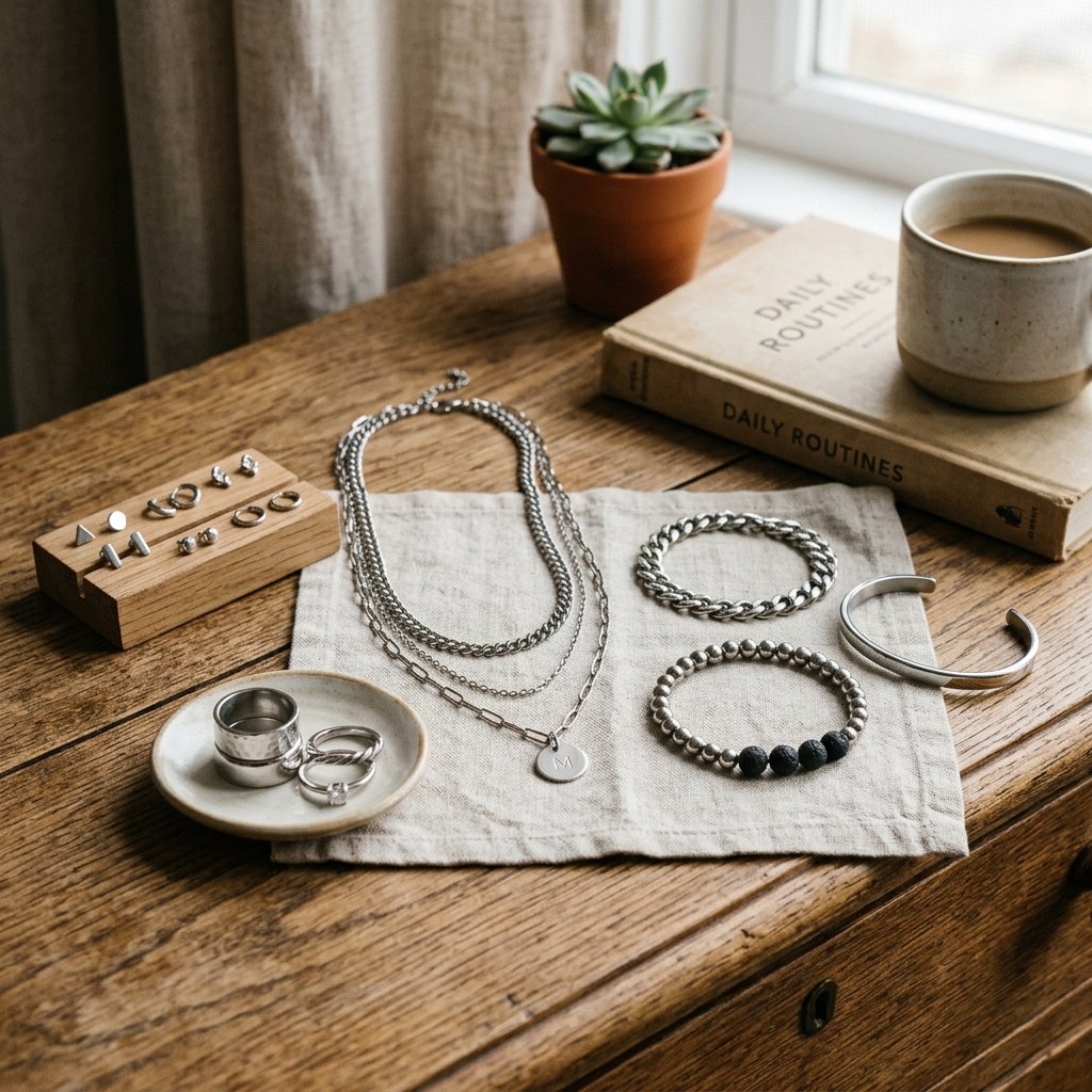 Uma coleção de joias prateadas de aço inoxidável disposta sobre um pano de linho claro em cima de uma cômoda de madeira. A composição inclui colares em camadas com um pingente da letra "M", pulseiras variadas, um bloco de madeira com brincos pequenos, um prato com anéis, um livro intitulado "Daily Routines", uma caneca de café e um pequeno vaso com suculenta perto da janela.