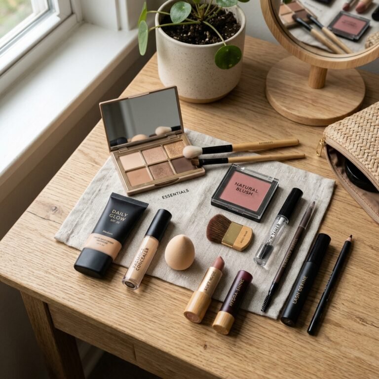 Um kit de maquiagem para iniciantes organizado sobre uma toalha de linho claro com a inscrição "ESSENTIALS" em cima de uma mesa de madeira. O kit inclui uma paleta de sombras neutras aberta com espelho, base em bisnaga, corretivo líquido, esponja do tipo gota, dois batons com embalagem de bambu, blush rosado, pincéis variados, gel de sobrancelhas transparente, rímel e lápis de olho. Ao fundo, vê-se um espelho de mesa de madeira, um vaso de planta e uma nécessaire de palha trançada.