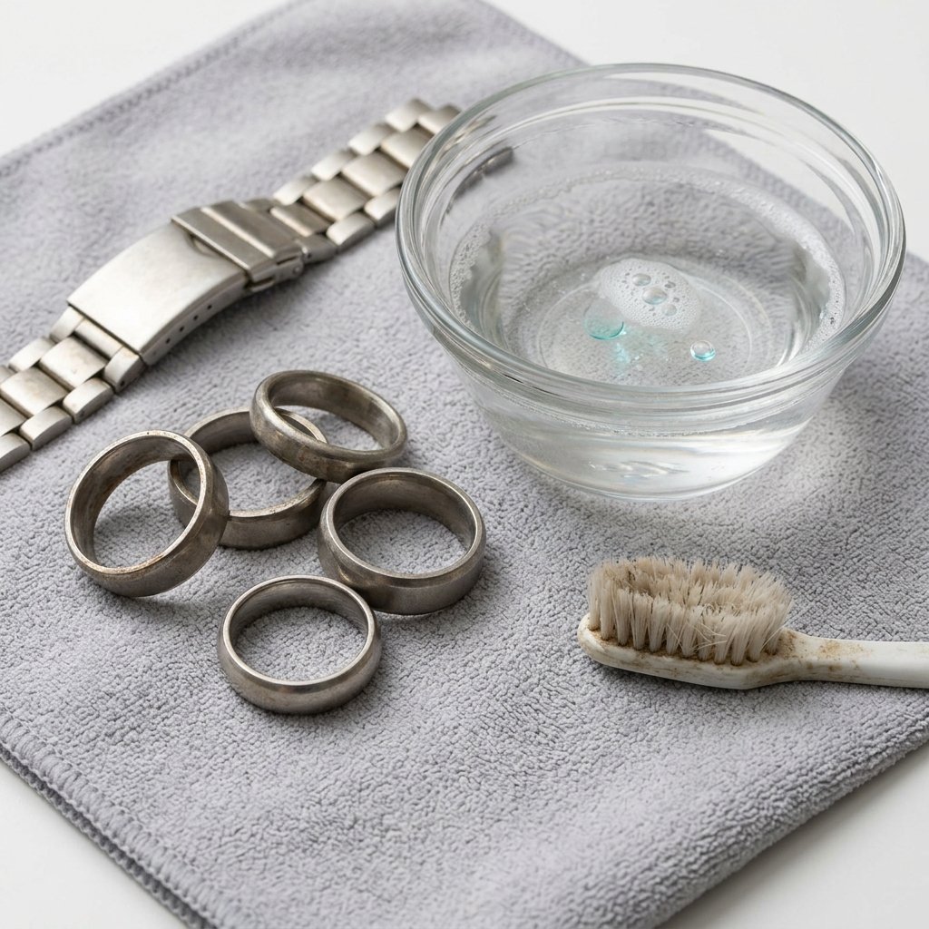 Quatro anéis prateados de aço inoxidável e uma pulseira de relógio de metal dispostos sobre uma flanela cinza de microfibra. Ao lado das peças, há uma tigela de vidro transparente contendo água com sabão ensaboado e uma escova de dentes com cabo branco, mostrando os materiais para higienização caseira.