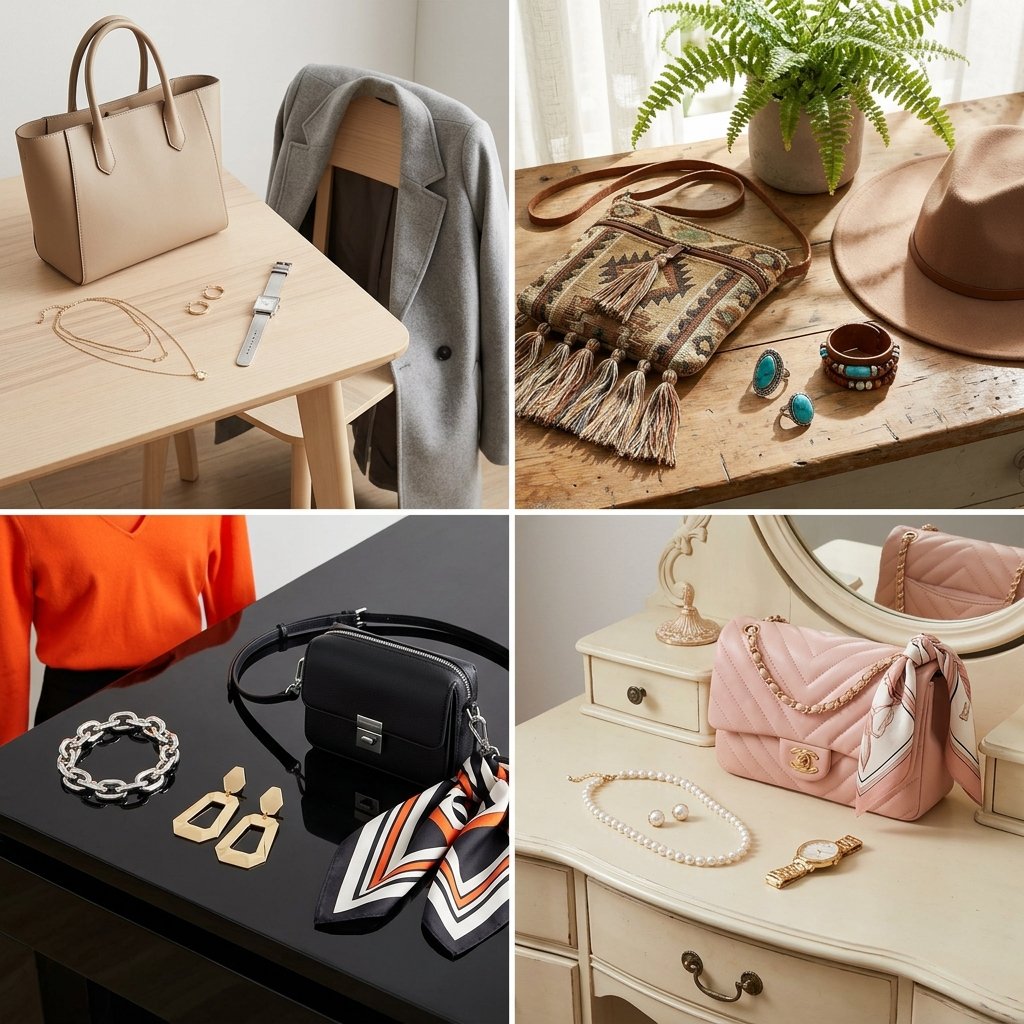 Uma imagem dividida em quatro quadrantes, cada um ilustrando um estilo de moda diferente através de acessórios. No canto superior esquerdo (estilo minimalista corporativo), uma mesa clara com bolsa bege estruturada, colar de camadas, brincos e relógio prateado, ao lado de um casaco cinza na cadeira. No canto superior direito (estilo boho chic), uma mesa de madeira rústica com bolsa de tapeçaria e franjas, chapéu de feltro marrom, anéis de turquesa e pulseiras de contas. No canto inferior esquerdo (estilo moderno e dramático), uma mesa preta espelhada com bolsa preta transversal, brincos geométricos dourados, colar de elos prateados e lenço estampado em preto, branco e laranja. No canto inferior direito (estilo romântico clássico), uma penteadeira vintage branca com bolsa rosa acolchoada de alça de corrente, colar e brincos de pérolas, relógio dourado e um lenço floral amarrado na bolsa.