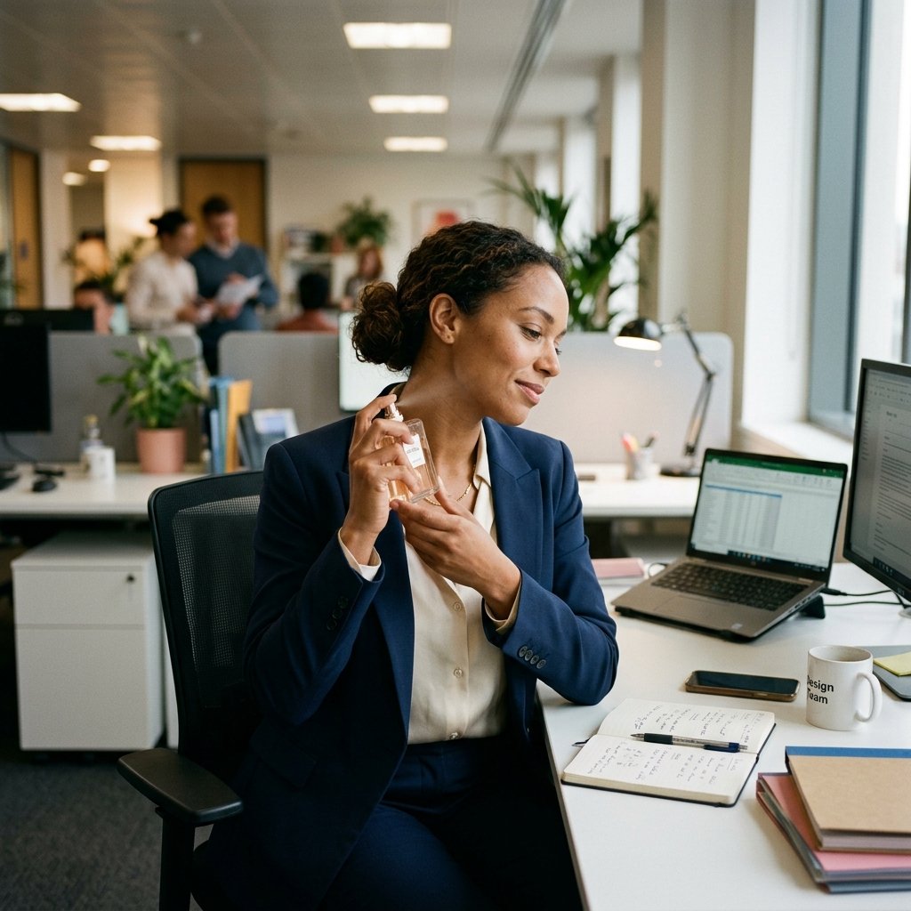 Uma mulher com cabelos cacheados presos em um coque, vestindo um terninho azul-marinho e camisa social clara, sentada em sua mesa de escritório corporativo. Ela sorri levemente com o rosto inclinado enquanto aplica perfume no pescoço usando um frasco de vidro retangular. Na mesa branca, há um notebook aberto com planilhas, uma agenda aberta com caneta, uma caneca e blocos de notas. Ao fundo, colegas de trabalho aparecem conversando em um ambiente de escritório compartilhado e iluminado.