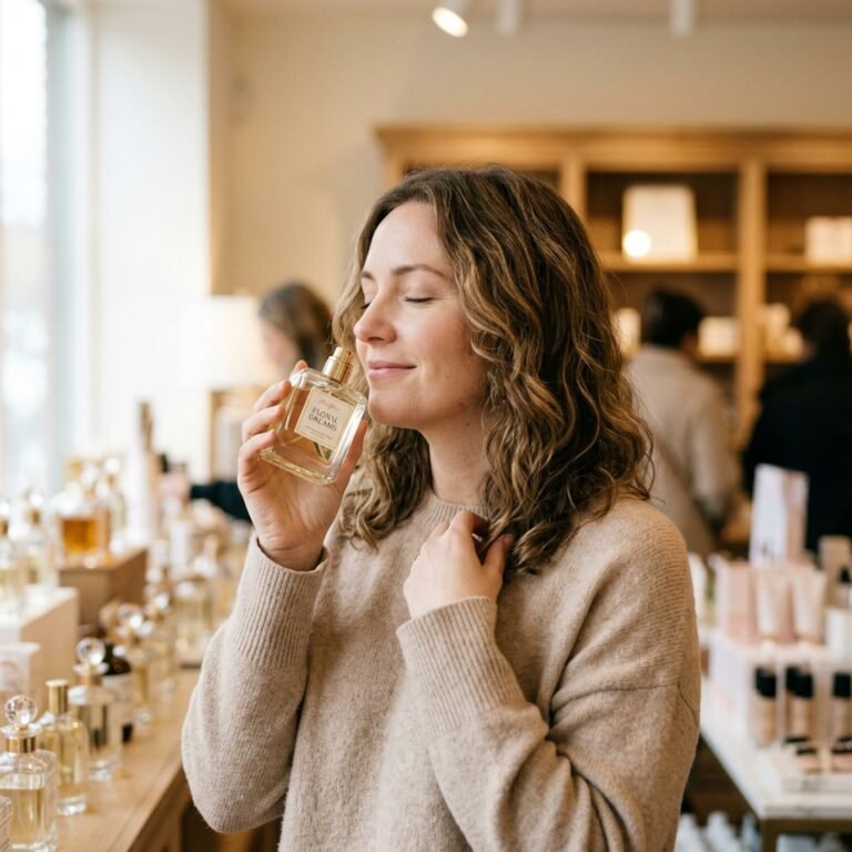 Uma mulher de cabelos castanhos ondulados e suéter de tricô bege sorri suavemente de olhos fechados enquanto aproxima um frasco de perfume retangular do nariz para sentir o aroma. Ela está em uma loja de fragrâncias iluminada, cercada por prateleiras e balcões cheios de cosméticos e outros frascos de vidro ao fundo.