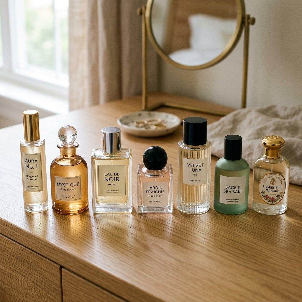 Sete frascos de perfumes femininos com designs variados enfileirados horizontalmente sobre uma cômoda de madeira clara banhada pela luz natural. Ao fundo, em um plano suavemente desfocado, destacam-se um espelho de mesa redondo com moldura dourada, um pequeno prato de cerâmica com joias e um tecido de linho bege.