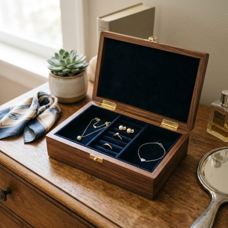 Um porta-joias de madeira escura aberto com revestimento interno de veludo azul-marinho, contendo poucas joias minimalistas: um colar de ouro com pingente de pérola única, brincos de botão de pérola, dois anéis delicados e uma pulseira fina com um pingente de coração. O organizador está sobre uma cômoda de madeira acompanhado por um lenço de seda, um espelho de mão vintage, um perfume e uma suculenta.