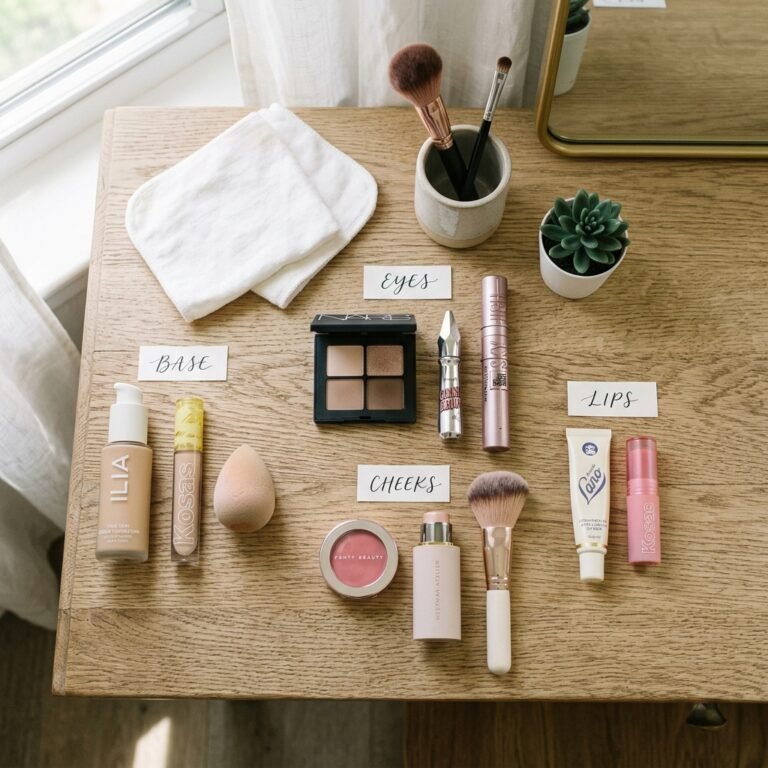 Uma coleção de produtos de maquiagem organizada em seções sobre uma mesa de madeira clara ao lado de uma janela. Pequenas etiquetas escritas à mão identificam as categorias: "BASE" (com base Ilia, corretivo Kosas e esponja), "EYES" (com quarteto de sombras NARS, máscara Sky High e gel de sobrancelhas), "CHEEKS" (com blush Fenty Beauty, iluminador em bastão e pincel) e "LIPS" (com hidratante labial Lano e balm Kosas). Ao fundo, há duas toalhas brancas dobradas, um vaso com pincéis e uma pequena suculenta.