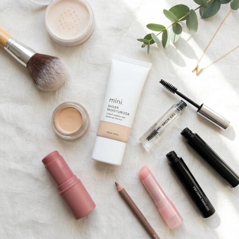 Uma coleção de produtos de maquiagem disposta em estilo flat lay sobre um tecido de linho branco. Inclui uma bisnaga de hidratante com cor ("mini. SHEER MOISTURIZER"), uma embalagem de pó solto, corretivo em pote, blush em bastão rosa, gel de sobrancelhas transparente com o aplicador exposto, duas máscaras pretas, um lip balm e um pincel de rosto, acompanhados por um ramo de eucalipto e um colar dourado.
