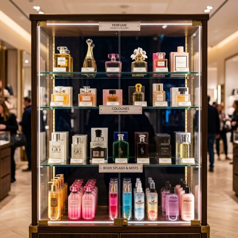 Uma vitrine iluminada de madeira e vidro em uma loja de fragrâncias, exibindo quatro prateleiras organizadas por categorias. A prateleira superior exibe frascos com a etiqueta "PERFUME (women's and unisex)". A prateleira do meio exibe frascos com a etiqueta "COLOGNES (men's and unisex)". As duas prateleiras inferiores exibem diversos frascos e frascos de spray com a etiqueta "BODY SPLASH & MISTS".