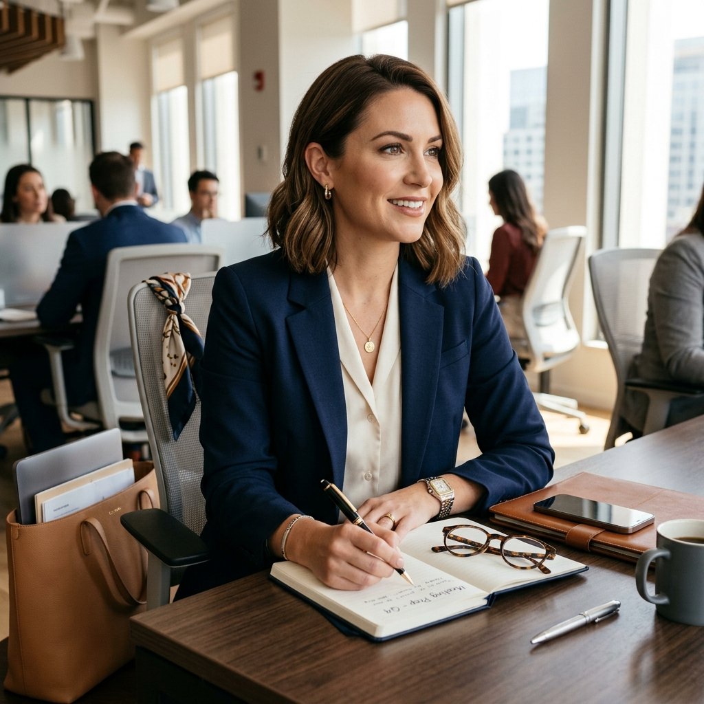 Uma mulher sorridente e elegante de cabelos castanhos curtos, vestindo um blazer azul-marinho e camisa social clara, sentada em sua mesa de escritório corporativo. Ela segura uma caneta tinteiro sobre um caderno aberto com anotações. Ela usa joias douradas delicadas, incluindo pequenos brincos de argola, um colar fino com medalha e um relógio clássico de metal. Na mesa de madeira escura, há óculos de grau de tartaruga, uma pasta de couro com celular, uma caneca e, ao lado da cadeira, uma bolsa de couro marrom com um lenço de seda amarrado. Ao fundo, colegas de trabalho aparecem desfocados em um ambiente corporativo iluminado.