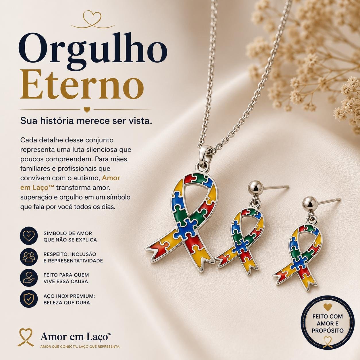 Colar e Brincos Laço do Autismo em Aço Inox | Amor em Laço - Imagem 3