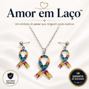 Colar e Brincos Laço do Autismo em Aço Inox | Amor em Laço
