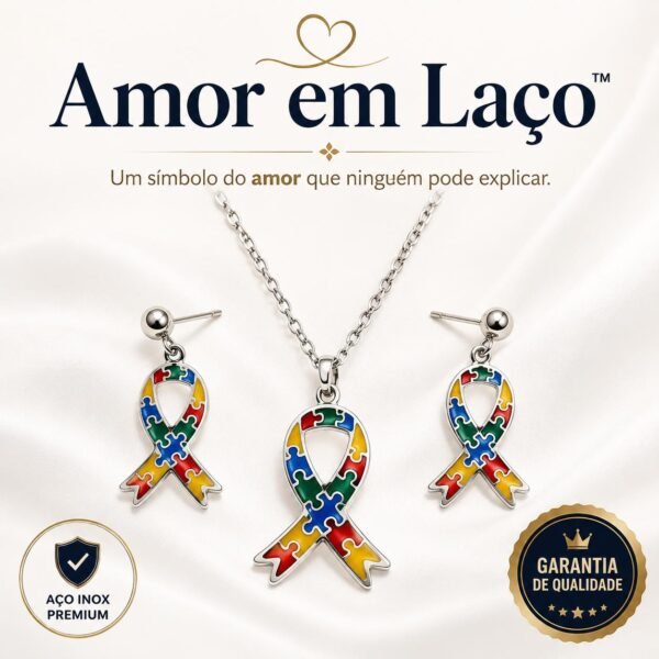 Colar e Brincos Laço do Autismo em Aço Inox | Amor em Laço
