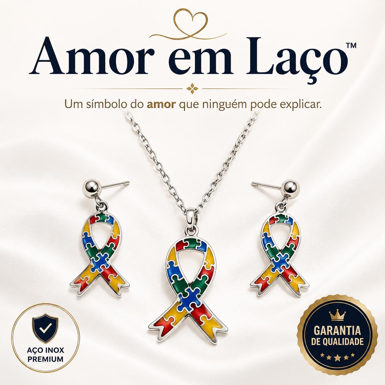 Colar e Brincos Laço do Autismo em Aço Inox | Amor em Laço